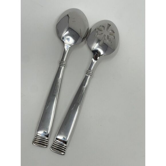 Wallace NAPOLI Glossy Serving Slotted Spoons 8 7/8” Stainless Flatware Set Of 2 - Picture 5 of 6